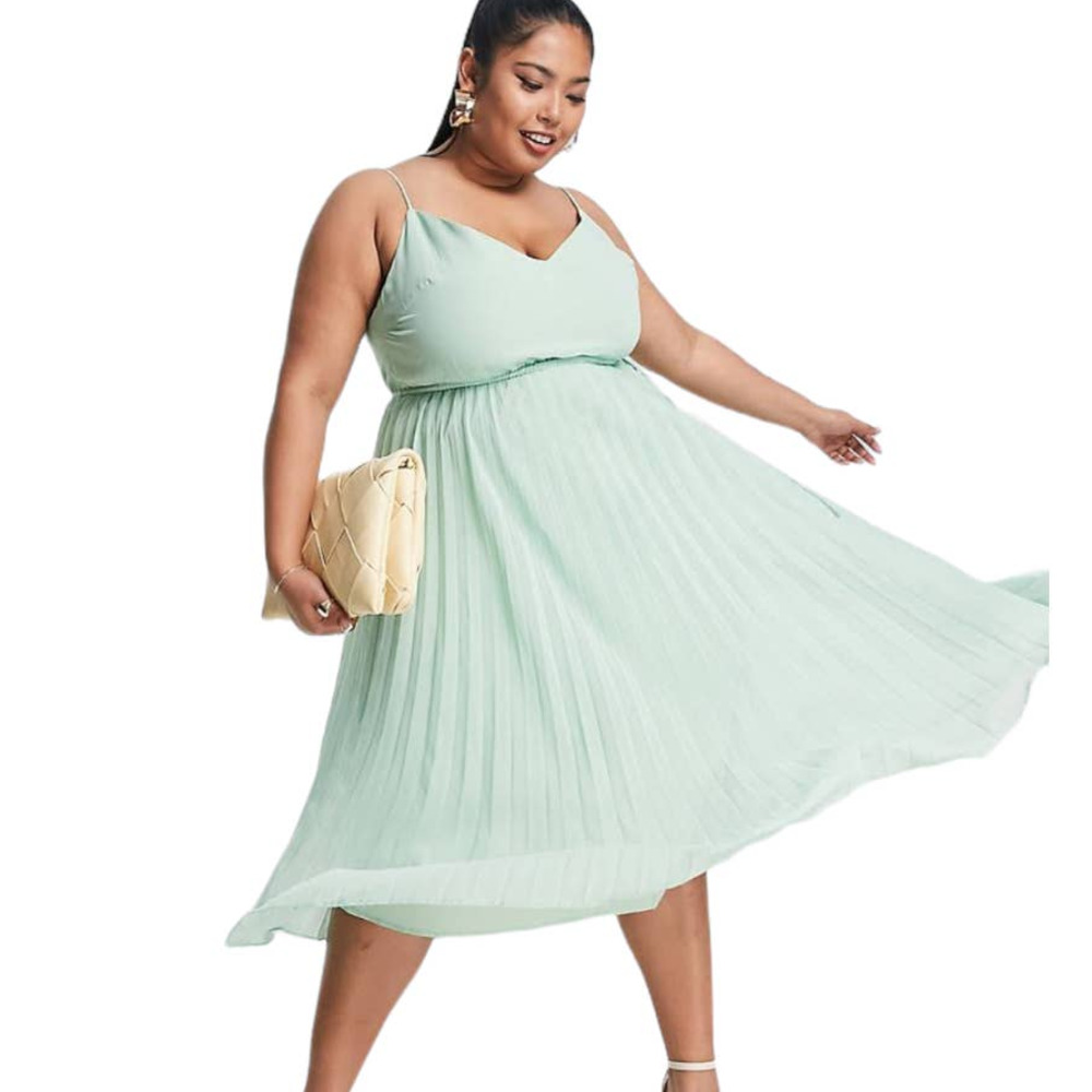 COPY - ASOS DESIGN Curve NWT Pleated Cami Midi Dress Drawstring Waist Sage Gree…